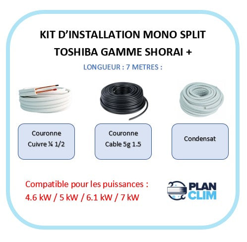 Kit d'installation 3-5-7 mètres Mono split Toshiba / Shorai +. Taille 4.6 kW à 7.1 kW