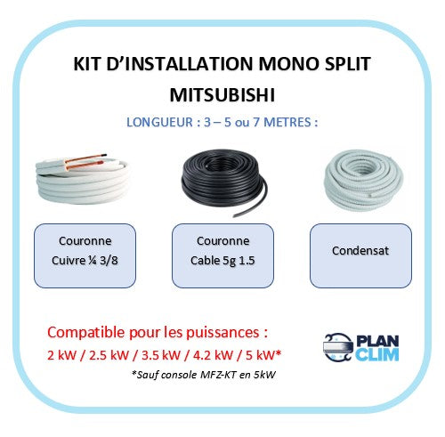 Kit d'installation 3-5-7 mètres Mono split Mitsubishi. Taille 2kW à 5kW